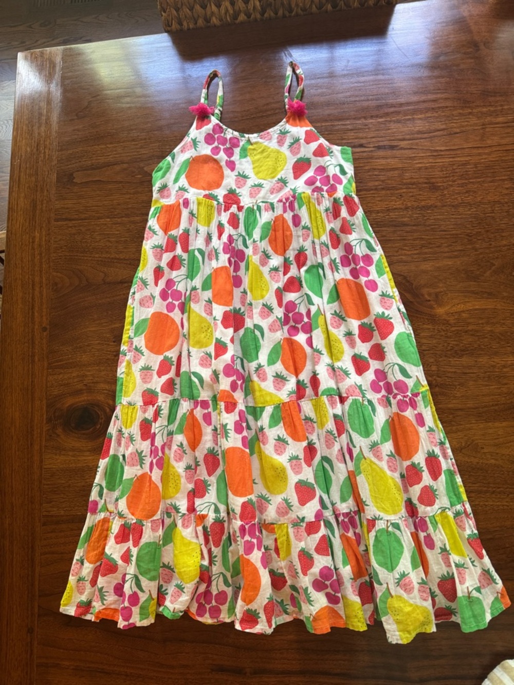 Boden White Fruit-Print Tiered Sundress with Pink Pom-Straps